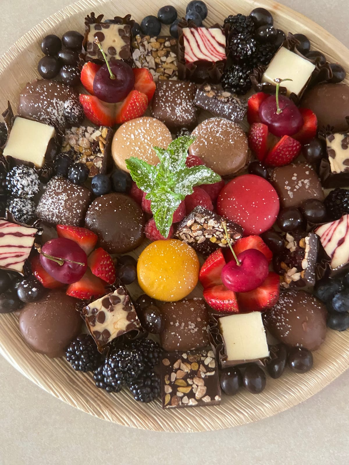 Artisan chocolate, mini dessert and fruit board