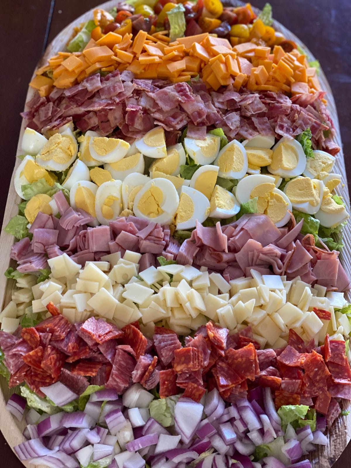 Lowcountry Cobb salad board arranged in colorful rows